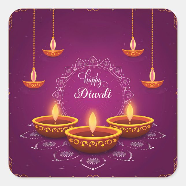 Happy Diwali Rangoli Diya Festival of Light Purple Square Sticker (Front)