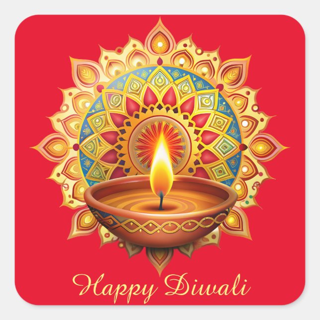 Happy Diwali Rangoli Diya Festival of Light Red Square Sticker (Front)