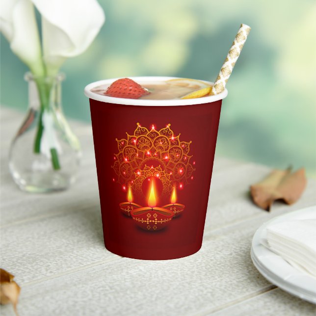 Happy Diwali Red Gold Sparkle Mandala Diya Candles Paper Cups (Insitu)