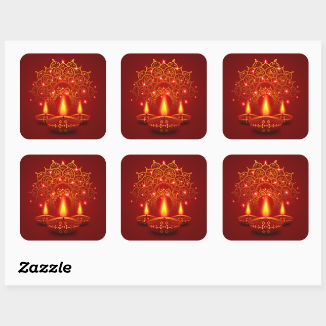 Happy Diwali Red Gold Sparkle Mandala Diya Candles Square Sticker (Sheet)