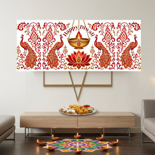 Happy Diwali Sacred Lotus Deepaks Peacocks Jewels Banner