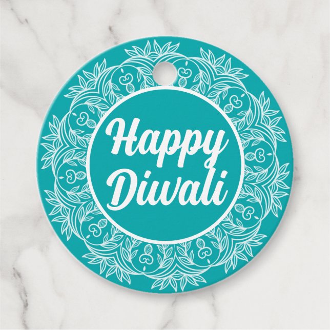 Happy Diwali Teal Rangoli Greeting Tag (Front)