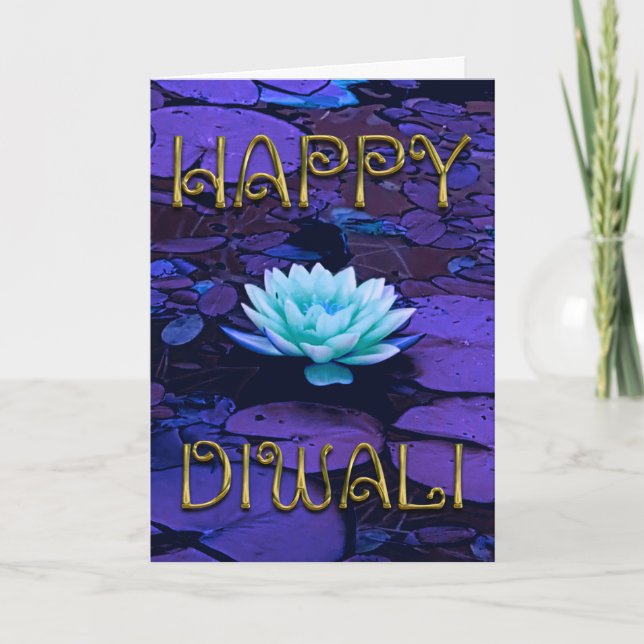 Happy Diwali Typography Purple Floral Lotus Flower Card (Front)