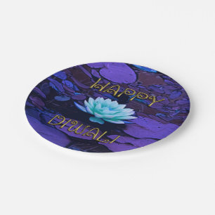 Happy Diwali Typography Purple Floral Lotus Flower Paper Plate