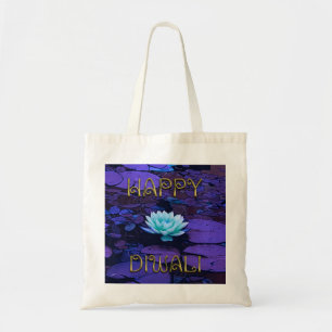 Happy Diwali Typography Purple Floral Lotus Flower Tote Bag