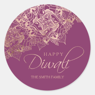 Happy Diwali typography rose gold mandala purple Classic Round Sticker