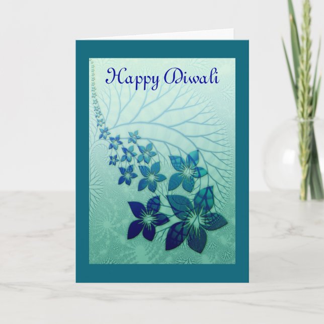 Happy Diwali with blue flower scrolls Card (Front)