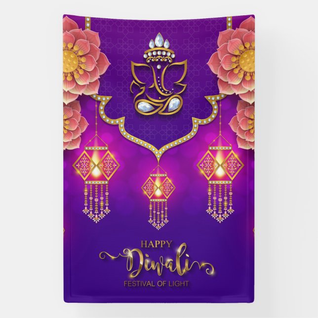 Happy Diwali with Ganesh, Rangoli and Diya Banner (Vertical)