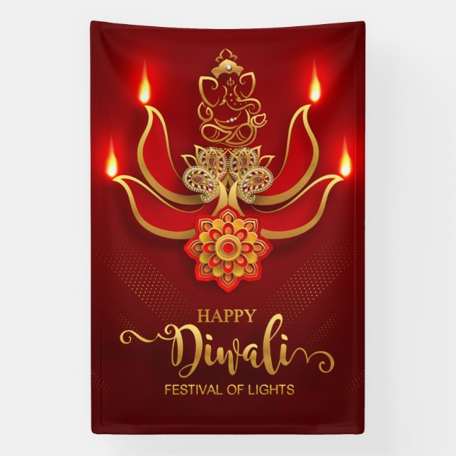 Happy Diwali with Ganesh, Rangoli and Diya Banner (Vertical)