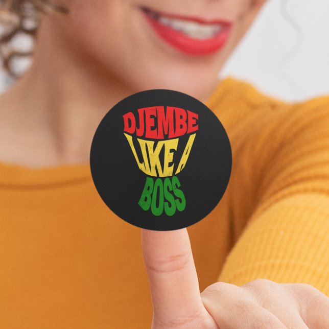 Happy Djembe like a boss African Drum Typography Classic Round Sticker (Own the rhythm. Djembe like a boss. Express your passion with our vibrant sticker. )
