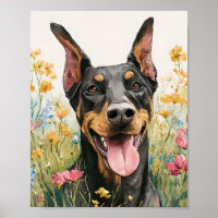 Happy Doberman in Wildflowers – Watercolor Dog Art