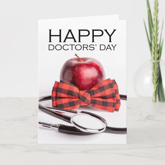 Happy Doctors' Day Apple in Bow Tie Stethoscope Holiday Card (Front)