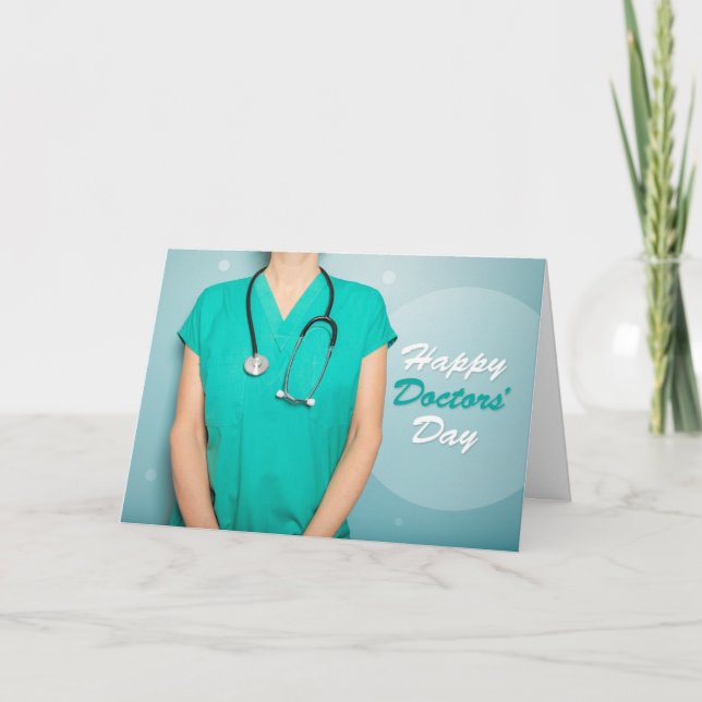 Happy Doctors Day Female in Scrubs and Stethoscope Holiday Card (Front)