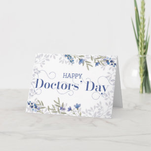 Happy Doctors' Day - Swirly Text and Flowers Blue Card