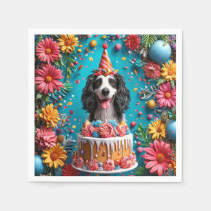 Happy Dog Celebrating Birthday With Colourful Cake Napkin