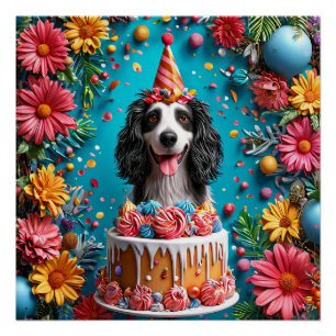 Happy Dog Celebrating Birthday With Colourful Cake Poster