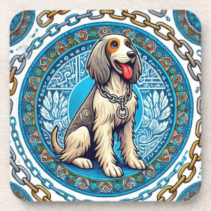 Happy Dog Framed by Decorative Patterns Coaster