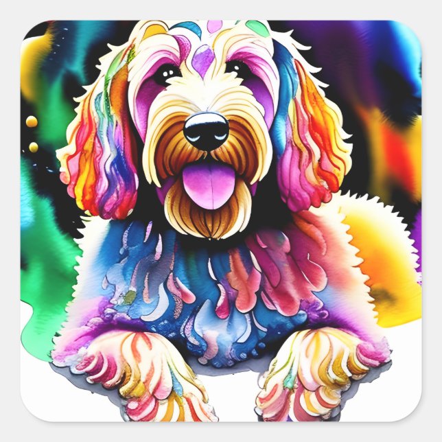 Happy Dog Goldendoodle Watercolor Design Square Sticker (Front)