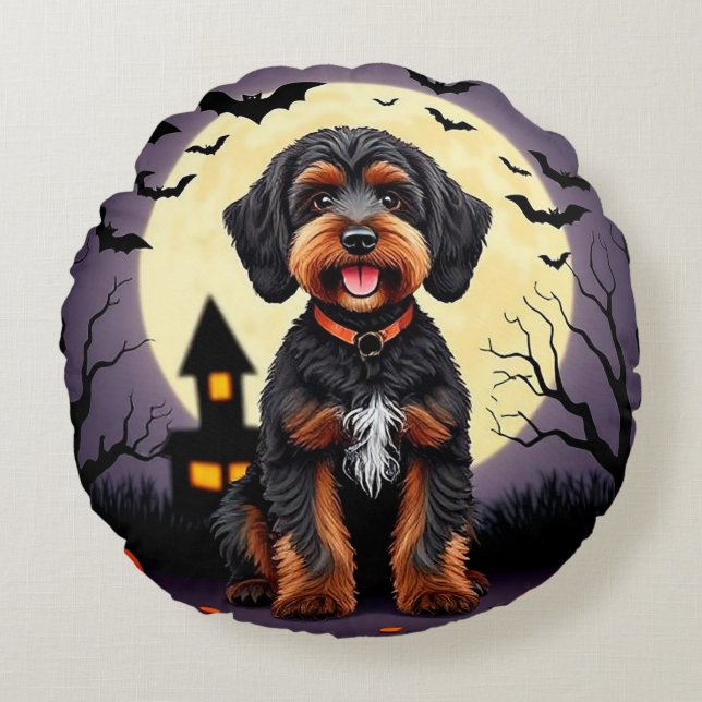 Happy Dog in Halloween Theme Round Pillow (Front)