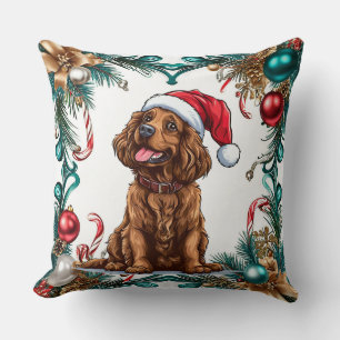 Happy Dog in Santa Hat Celebrating Christmas Throw Pillow