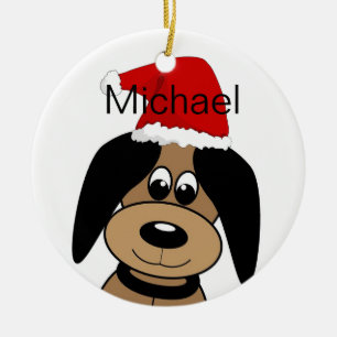 Happy Dog in Santa Hat Personalised Ceramic Ornament