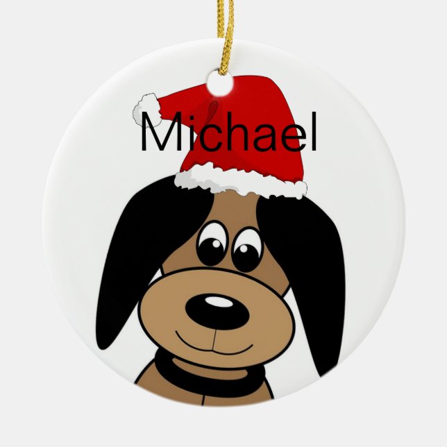 Happy Dog in Santa Hat Personalised Ceramic Ornament (Front)