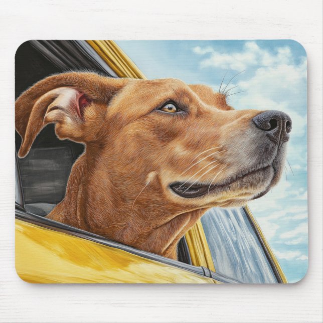 Happy Dog in Yellow Car Art Print Mouse Pad (Front)