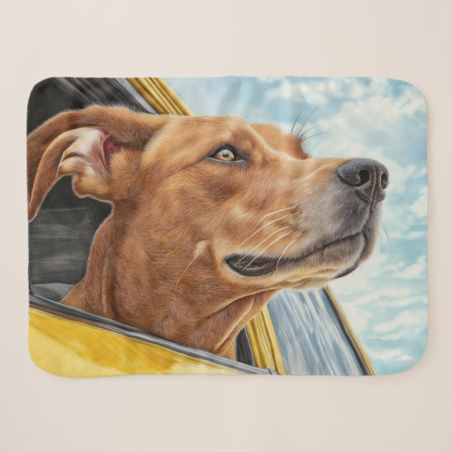 Happy Dog in Yellow Car Art Print Sherpa Blanket (Front (Horizontal))