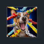 Happy Dog Party Blowers 2 Inch Square Button<br><div class="desc">It's party time! | Avanti,  the Global Humour Brand™ has been entertaining the world with its Feel Good Funny greeting cards for over 40 years. Our characters live life to the fullest and celebrate the humour in everyday life.</div>