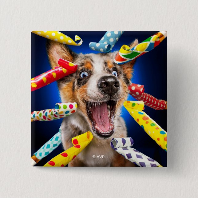 Happy Dog Party Blowers 2 Inch Square Button (Front)
