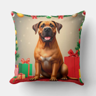 Happy Dog Sitting with Christmas Gifts Throw Pillow