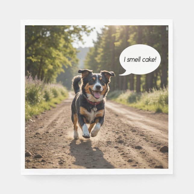 Happy Dog Smelling Birthday Cake Napkin (Front)