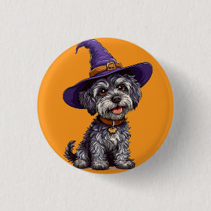 Happy Dog Wearing a Witch Hat 1 Inch Round Button