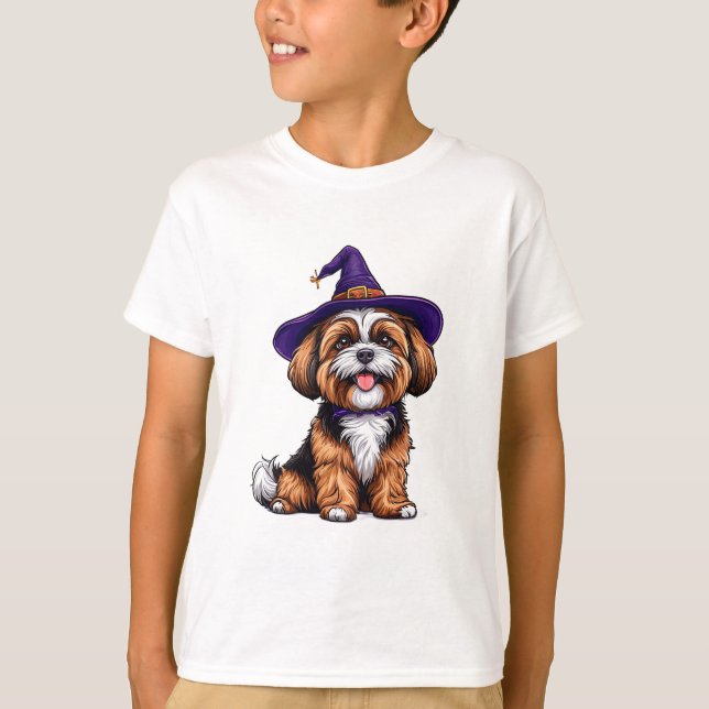 Happy Dog Wearing a Witch Hat T-Shirt (Front)
