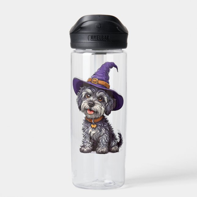 Happy Dog Wearing a Witch Hat Water Bottle (Back)