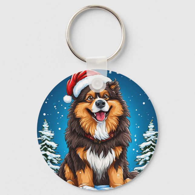 Happy Dog Wearing Santa Hat Keychain (Front)