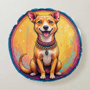 Happy Dog With a Colourful Collar Round Pillow