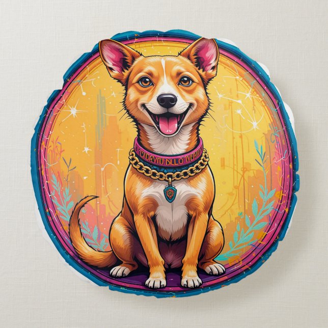 Happy Dog With a Colourful Collar Round Pillow (Front)