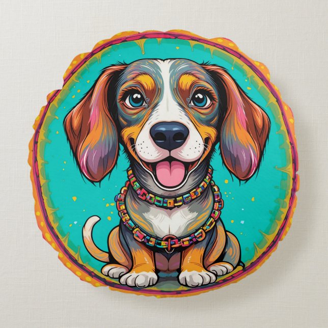 Happy Dog With a Colourful Collar Round Pillow (Front)