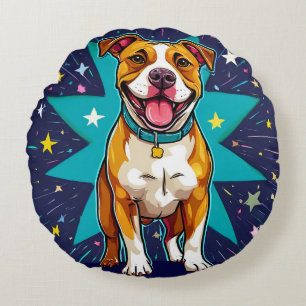 Happy Dog With Star Background Round Pillow
