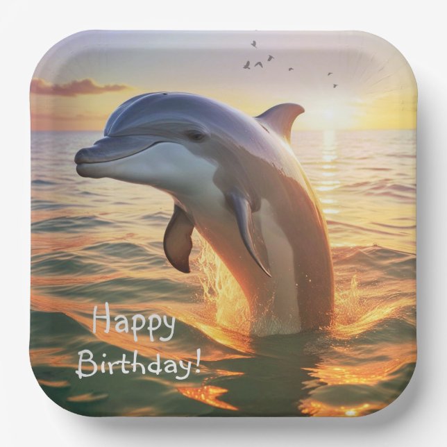 Happy Dolphin Birthday Paper Plate (Front)