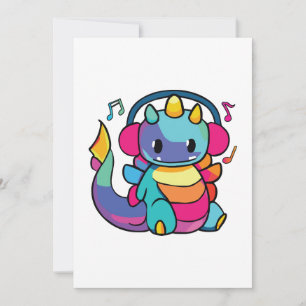 Happy dragon with headphones listening to music. thank you card