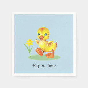 Happy Duckling on Light Blue Napkin