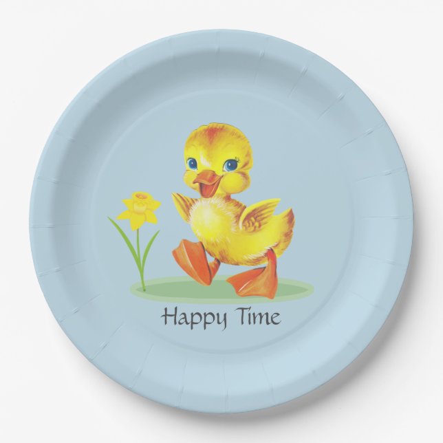 Happy Duckling on Light Blue Paper Plate (Front)
