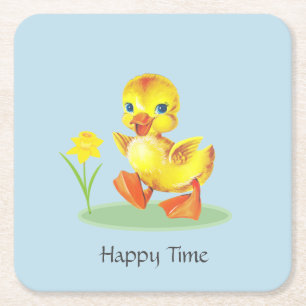 Happy Duckling on Light Blue Square Paper Coaster