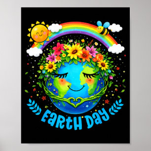 Happy earth day cute earth floral crown rainbow poster