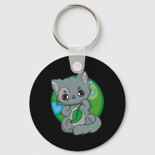 Happy Earth Day Feline Cute Anime Grey Cat Keychain