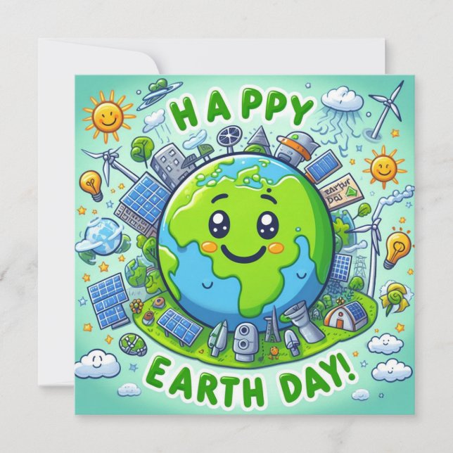 Happy Earth Day - Globe Green Tree Water Continent Holiday Card (Front)