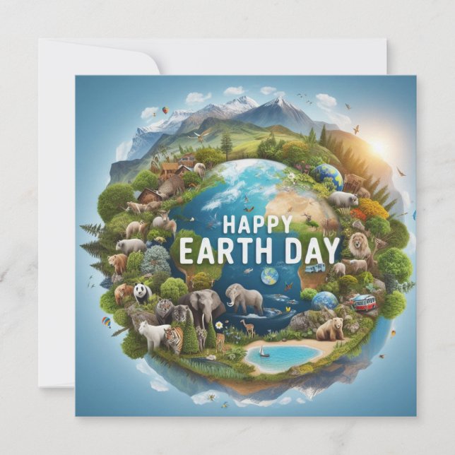 Happy Earth Day - Globe Green Tree Water Continent Holiday Card (Front)