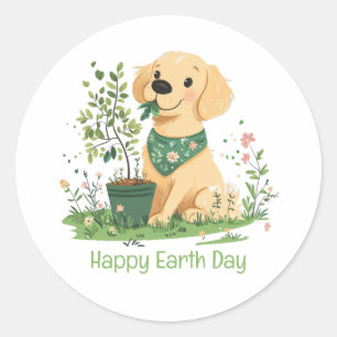 Happy Earth Day Golden Retriever Dog Gardening Classic Round Sticker